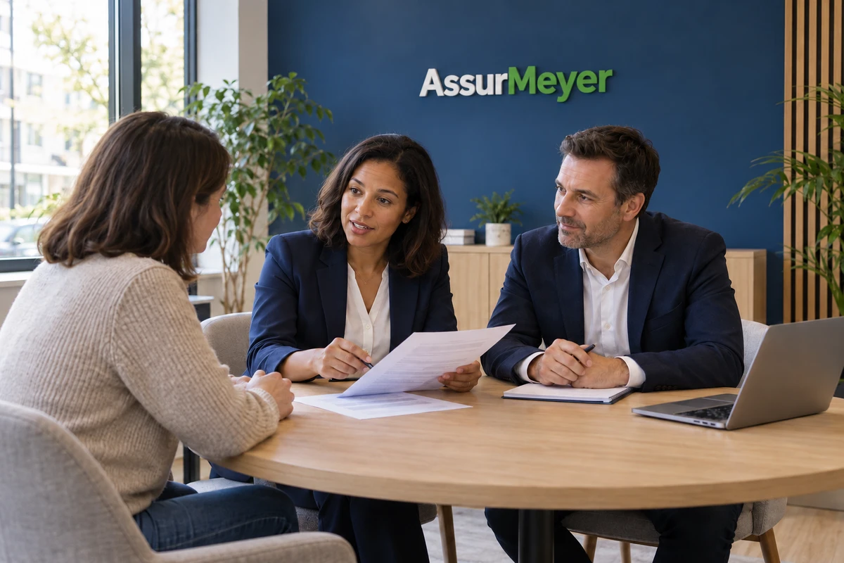 Deux conseillers en assurances échangent avec une assurée dans une agence AssurMeyer