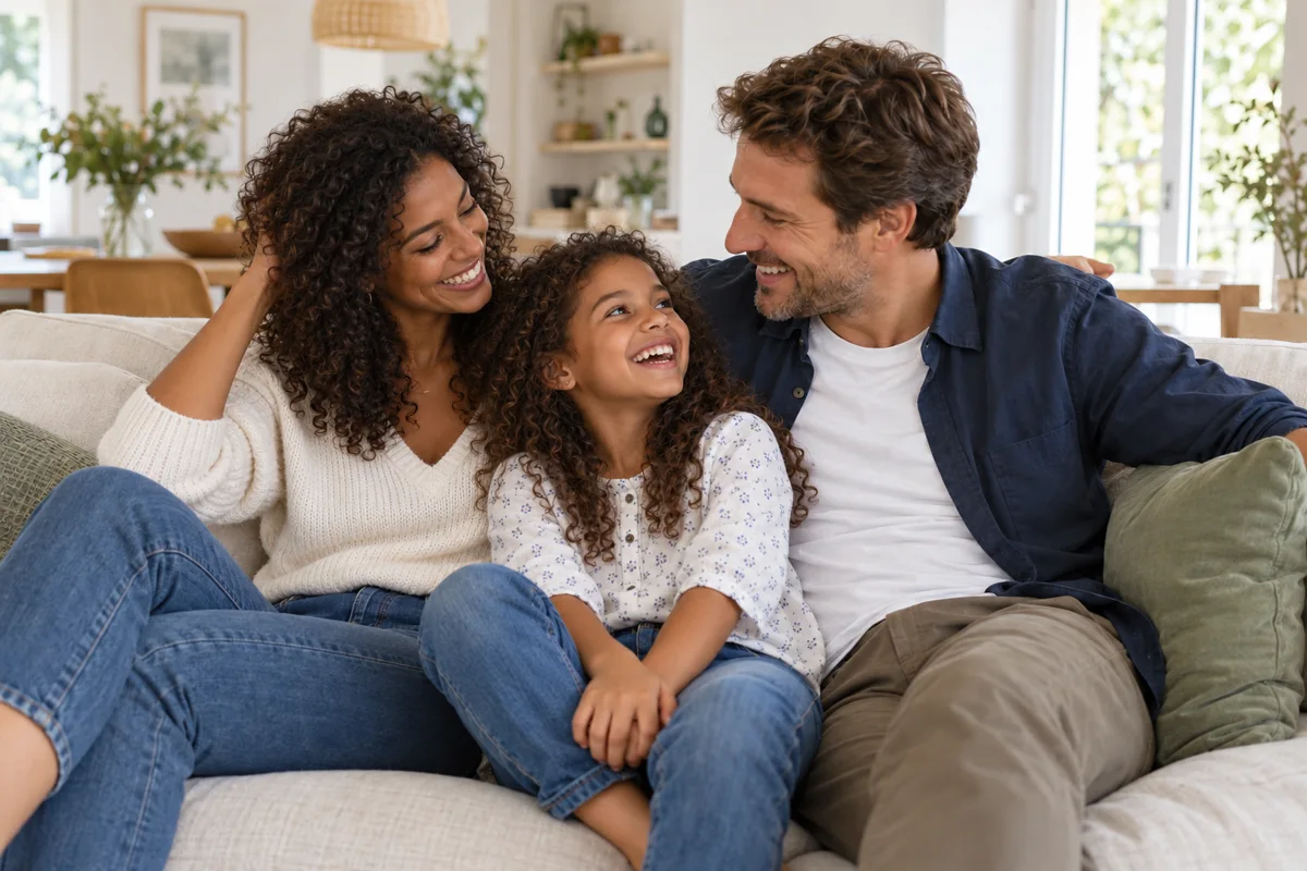 Parents et enfant partageant un moment souriant à la maison